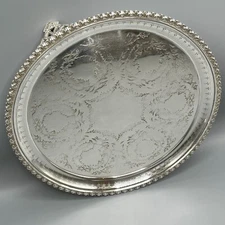 Antique Victorian Silver Plate Waiter Tray Salver Round 19thC Xmas Holly Wreaths