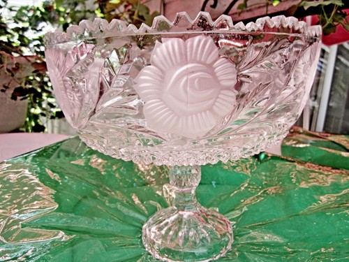 VINTAGE ROSE MILLER GESCHLIFFENES GLAS 80er SOCKEL KRISTALL FLORAL KOMPOTT SCHALE - GROSS - Bild 8 von 23