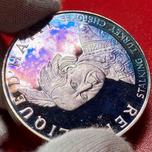 1971 HAITI 10 GOURDES 1.5oz SILVER PROOF INDIAN CHEROKEE CHIEF STALKING TURKEY - Picture 2 of 10