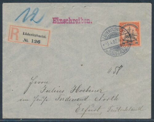 DSW 30 Pfennig Yacht EF Einschreiben Lüderitzbucht 1907 nach Erfurt (S24683)
