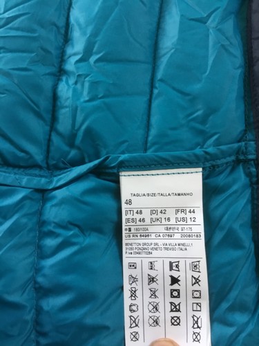 Benetton Puffer Jacket Round Neck Soft Light Down Navy/Turquoise Chevron Size 16 - Picture 6 of 10