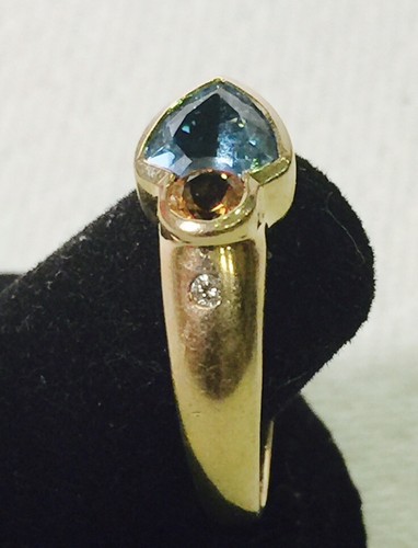 14K Yellow Gold Blue Topaz, Citrine and Diamond Art Ring Size 10.25 - Picture 3 of 12