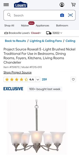 Project Source Roseall 5-Light Chandelier Brushed Nickel (FD15-093) - Picture 6 of 11