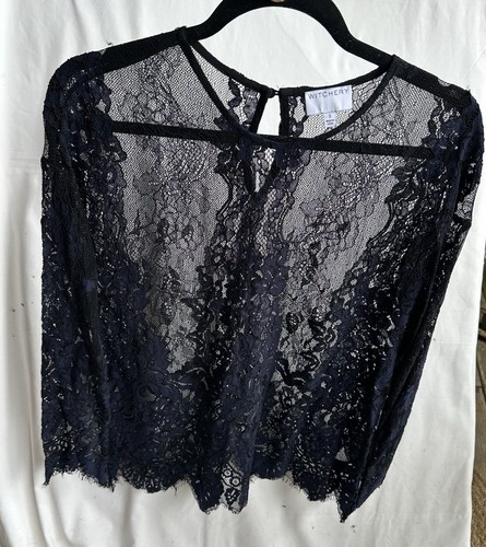 Witchery Black Lace Long Sleeved Top/0vershirt Size S Cotton/poly Jagged Hem - Picture 11 of 16