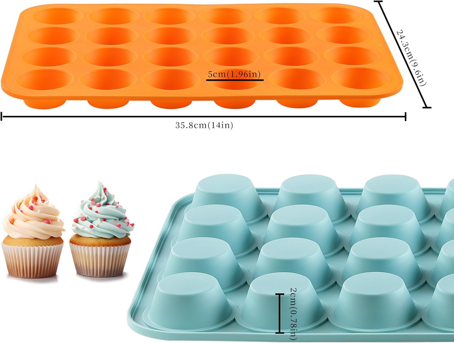 2PCS Silicone Mini Muffin Pan 24 Cup Nonstick BPA Free Dishwasher Safe