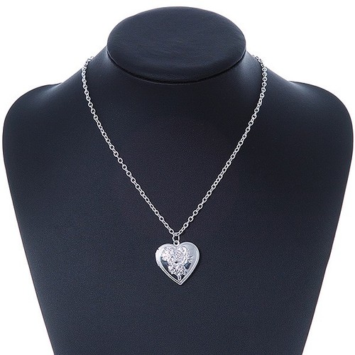 Medium Silver Tone Heart with Rose Motif Locket Pendant - 44cm L/ 6cm Ext - Picture 2 of 5