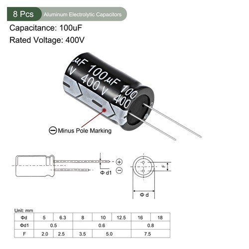 8 Pcs Aluminum Electrolytic Capacitor,(400V 100uF 18x30mm Black) - Imagen 2 de 2