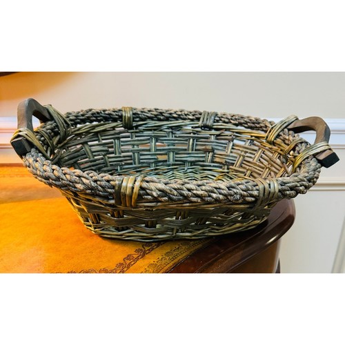 Boho olivgrün Korb Bambus geflochten extra groß oval mit Holzgriffen - Bild 6 von 7