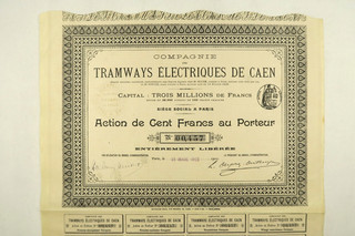COMPAGNIE DES TRAMWAYS ELECTRIQUES DE CAEN ACTION DE 100 FRANCS 1903 COUPONS