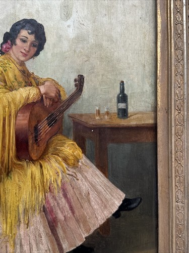ANTIQUE PAINTING MEXICAN WOMAN MUSICIAN GUITAR PORTRAIT SIGNED ESPINOSA 1910 OIL - Picture 8 of 20
