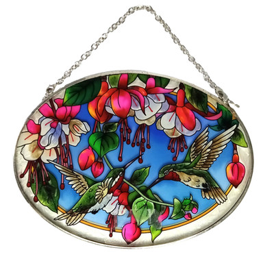 Amia Handpainted Stained Glass-Look Hummingbird Fuchsia Flower Window Suncatcher