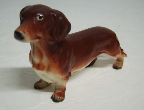 SELTEN Vintage Dackel Figur Männchen braun kurzhaarig Keramik Hund Japan 6x2x3,25 Zoll