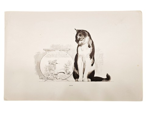 Calico Cat Art Print by Robert Kuhn 11x17" Sepia Black & White Lithograph  - Picture 1 of 9
