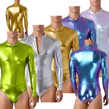 Men Romper Metallic Bodysuit Beach Unitard Full-body Jumpsuit Dance One-Piece