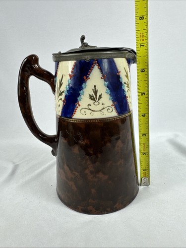 ANTIQUE GLAZED PORCELAIN PITCHER HAND-PAINTED FLORAL SIDES PEWTER LID - Picture 13 of 14
