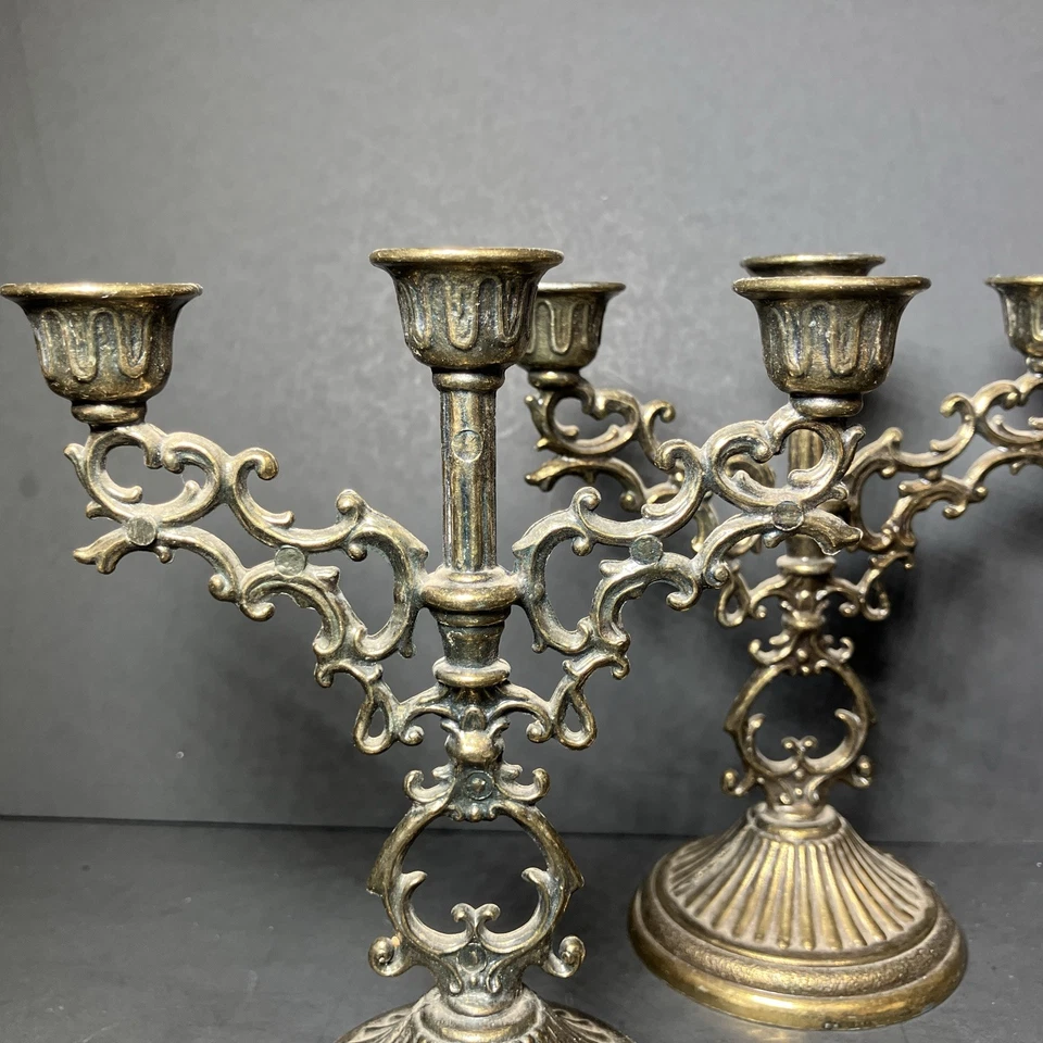 Vintage Brass Candelabra 3 Arms Candle Stick Holder Set Made in Italy 5.25” Tall - Image 2 of 4
