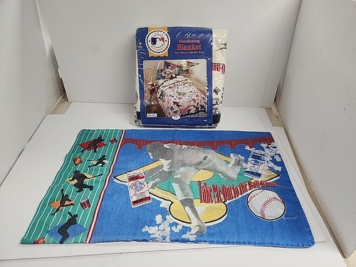 VNTG NOS Bibb MLB Baseball Logo Twin Blanket Black Satin Trim W/ 1 Pillow Case - Picture 1 of 9
