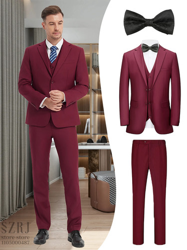 British Style Mens Suit Set (Jacket+Vest+Pants+Bow Tie) Slim Elegant for Wedding - Picture 10 of 29