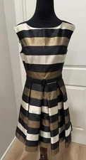 Eliza J Fit & Flare Striped Metallic Cocktail Party Dress Pleated Skirt 2P Belt