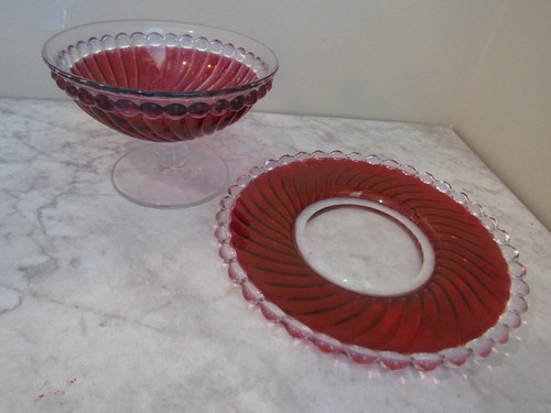 VTG Indiana Glass Diamond Point Ruby Flash Footed Bowl With Saucer 4" x 7" - Picture 2 of 7