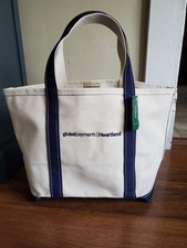 LL Bean Medium Canvas Boat  Tote Blue Trim Cream Made In USA 12" Tall