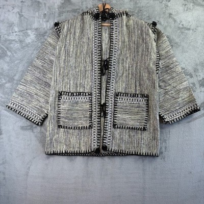 Baja Hoodie Jacke Herren XL grau gewebt Boho Festival Hippie Azteken Strickjacke Retro