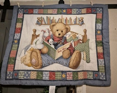 Vintage Blue Jean Teddy Bear Toys Finished Baby Comforter Blanket Quilted  44x33”
