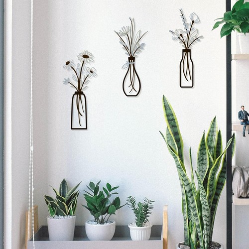 3 Stück Metall Vase Blumen Wandbilder - Rustikal Deko Metall Wandbild Schwarz Minimalistisch - Bild 8 von 9