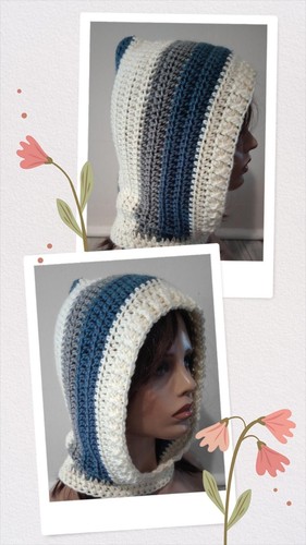 crochet handmade womans hood hat cowl scoodie blue cream gray USA - Picture 3 of 5