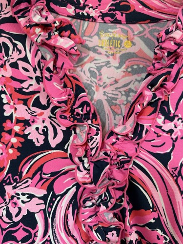 Lilly Pulitzer Luxletic XL Pink & Navy Floral Ruffle Trim Resort Vacation Dress - Picture 3 of 5