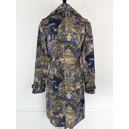 Trench cappotto Alberto Makali stampato arte da indossare designer marrone blu verde taglia 8 - Foto 4 di 9