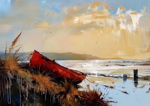 Beached Red Boat 5"x7" Print on Matte Paper | Peaceful Coastal Oil Painting - Picture 5 of 17