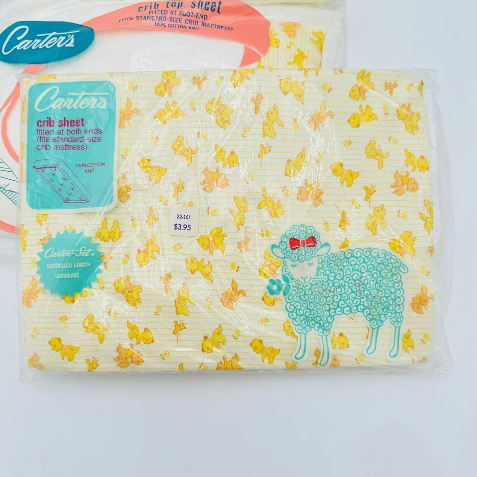 Винтажный Carters 2 резинке детской кроватки простыни и плоский простыни комплект из 3 середины века новый - Изображение 4 из 4