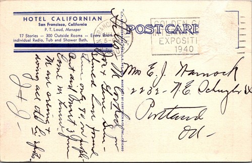 SAN FRANCISCO, KALIFORNIEN - HOTEL KALIFORNIEN BEI NACHT - ALTE LEINENPOSTKARTE - Bild 2 von 2