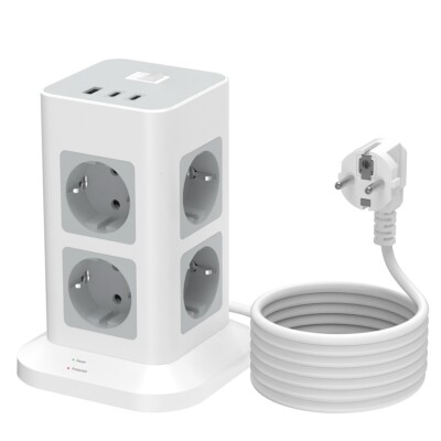 8 Fach Mehrfachsteckdose Tower 3 USB Überspannungsschutz 2M für Zuhause Grau
