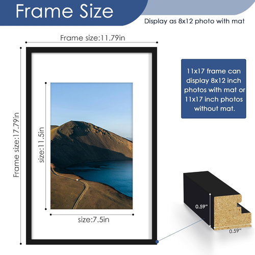 11X17 Picture Frame Set of 6, Display Pictures 8X12 with Mat or 11 X 17 without - Picture 4 of 24