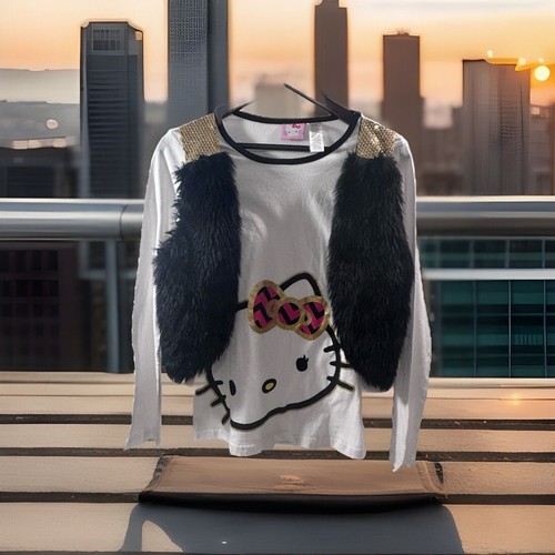 HELLO KITTY Girls Size XL (14-16) White Faux Fur Attached Vest Long Sleeve Top - Picture 2 of 17