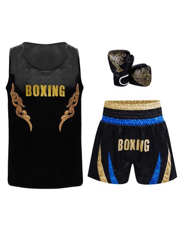 Kids Boys Sequin Applique Boxing Uniform Vest MMA Kickboxing Shorts Gloves Sets - Picture 3 of 17