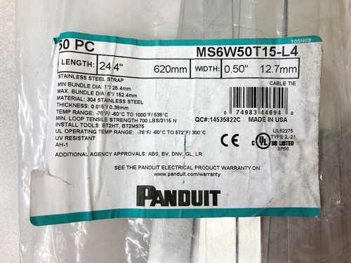 Panduit MS6W50T15-L4 Cable Ties, Stainless Steel, 24.4" 700 lb Strength 50 pc - Picture 2 of 4