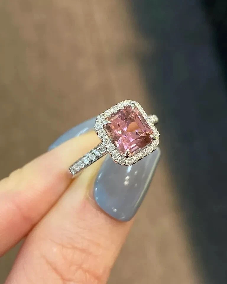 Anillos de compromiso Asscher 950 platino 2,08 quilates diamantes turmalina rosa natural Foto 2 de 4