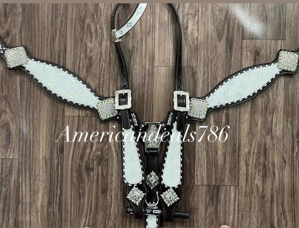 Western Brown Leather Bling Tack Set With White Reflective Leather - Image 2 of 3