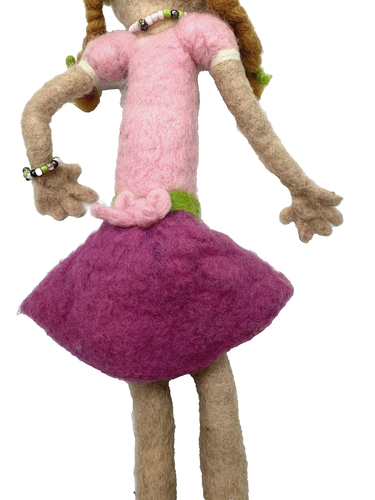 Needle Felted Girl Reddish Blond Hair Pink Outfit Jewelry Smiling 15" Figure - Picture 16 of 18