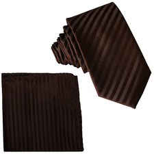 New Men's Poly Woven 2.5" slim necktie  hankie set tone on tone stripe Brown