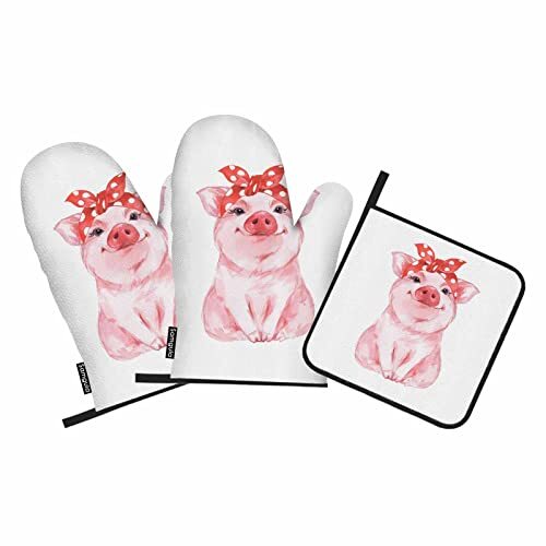 Pink Pig Oven Mitts And Pot Holders Sets Cute Animal Cub With Turban Heat Resist