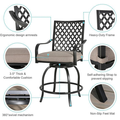 Ulax Furiture Outdoor Bar Stool Swivel Metal Patio Beige Cushion Bronze (2Pack) - Picture 3 of 4