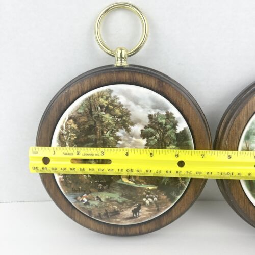 Wooden Wall Plaque Set Of 2 Porcelain Picture Mid-Century Modern Round Hanging - Picture 3 of 8