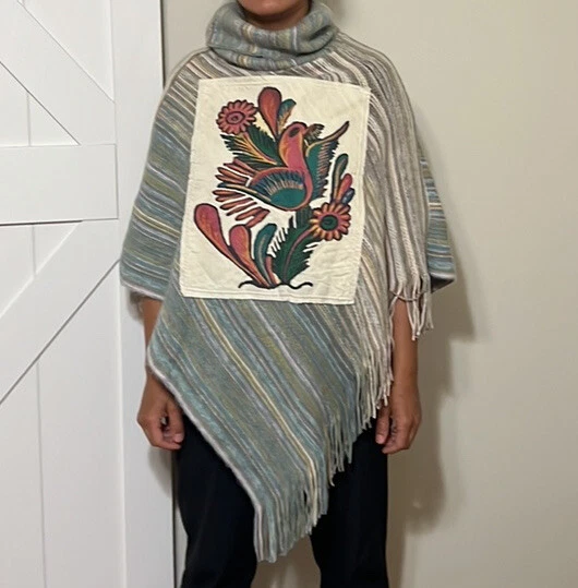 NWT Women's Unique Striped Turtle Neck Cozy Poncho Colorful Bird Graphic Front