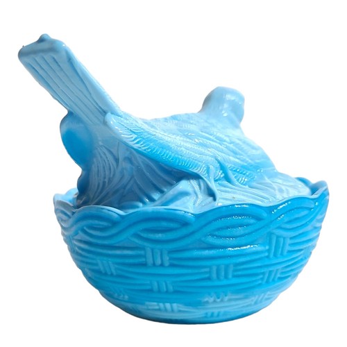 Vintage Blue Slag Glass 2 Piece Dove Bird on Nest Lidded Candy Dish Vanity Box - Picture 8 of 22