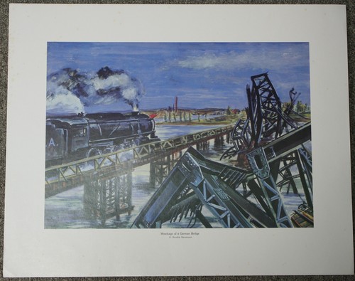 Wreckage Of A German Bridge A. Brookie Stevenson Vintage Engineers WW2 Art Print - Afbeelding 1 van 7