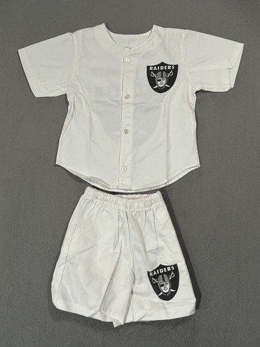 Los Angeles Raiders Vtg 80s 2 Piece NFL Button T Shirt Jersey Shorts YOUTH Kid M - Picture 2 of 20